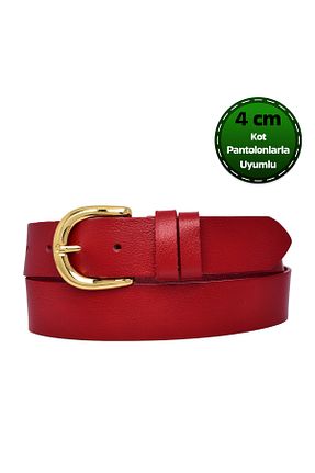کمربند قرمز زنانه چرم خالص GoDeri - کد 889794469