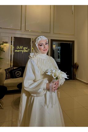 لباس مجلسی حجاب بژ زنانه یقه ایستاده ODE - کد 889985004