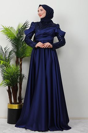 لباس مجلسی حجاب سرمه ای زنانه یقه ایستاده GİZ AGİYİM - کد 888743156