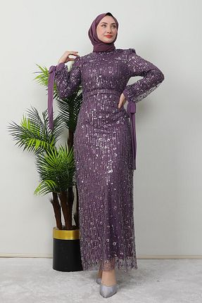 لباس مجلسی حجاب بنفش زنانه یقه ایستاده GİZ AGİYİM - کد 889107310