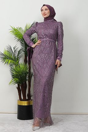 لباس مجلسی حجاب بنفش زنانه یقه ایستاده GİZ AGİYİM - کد 889701817