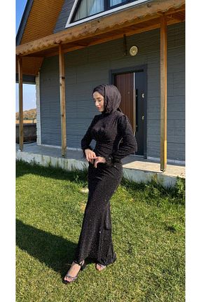 لباس مجلسی حجاب مشکی زنانه یقه ایستاده ZÜBİŞ BUTİK - کد 890706029