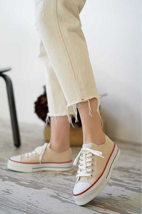 کفش اسنیکر بژ زنانه بند دار Shu Mhu - کد 889993329