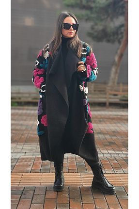 پالتو پشمی مشکی زنانه اورسایز Park Moda - کد 890178898