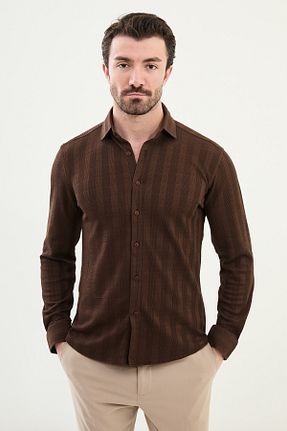 پیراهن قهوه ای مردانه اسلیم فیت Mcr - کد 888640629