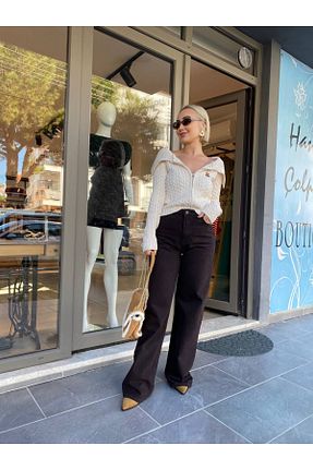 شلوار جین قهوه ای زنانه پاچه گشاد HANDE ÇOLPAN - کد 889703237