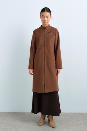 پالتو پشمی حجاب قهوه ای زنانه رگولار Nihan - کد 889721486
