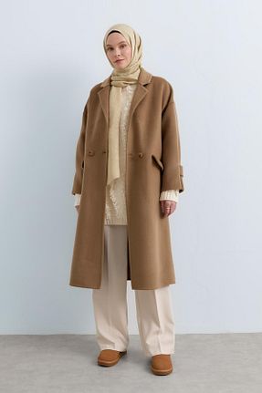 پالتو پشمی حجاب قهوه ای زنانه رگولار Nihan - کد 889721595