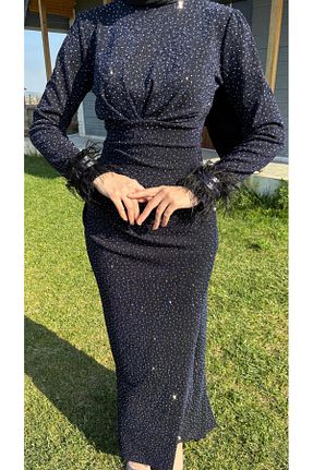 لباس مجلسی حجاب سرمه ای زنانه یقه ایستاده ZÜBİŞ BUTİK - کد 890706263
