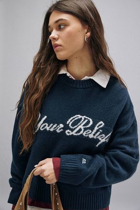پلیور سرمه ای زنانه رگولار Pull & Bear - کد 890651989