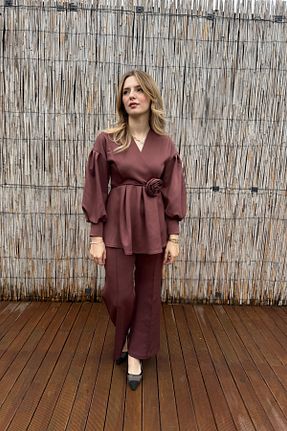 ست بالاتنه و پائین تنه قهوه ای زنانه بافتنی HELİS BUTİK - کد 893273600