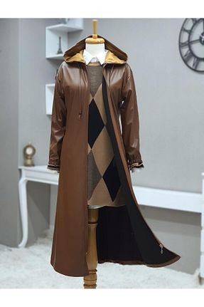 ترنچکت قهوه ای زنانه چرم مصنوعی MACMODA - کد 892588205