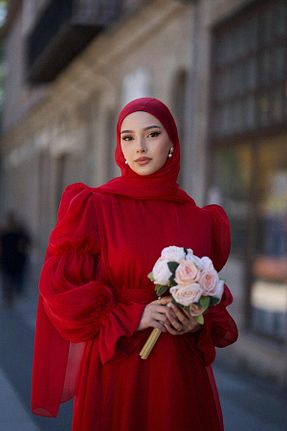لباس مجلسی حجاب قرمز زنانه یقه ایستاده BAHARYAMAÇLI - کد 892614496