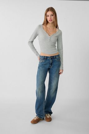 شلوار جین آبی زنانه پاچه گشاد Stradivarius - کد 891740100