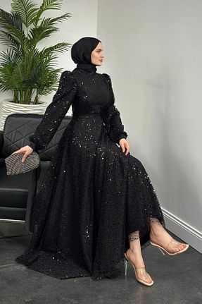 لباس مجلسی حجاب مشکی زنانه یقه ایستاده MERVEN AKYÜZ - کد 893020497