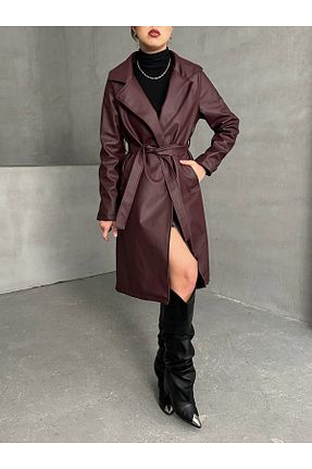 ترنچکت زرشکی زنانه چرم مصنوعی İLKCET MODA - کد 893314726