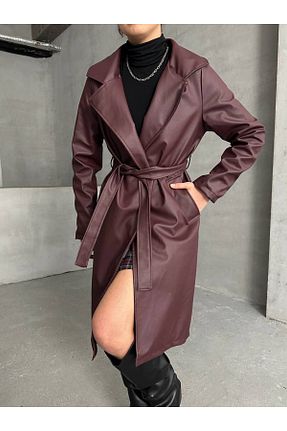 ترنچکت زرشکی زنانه چرم مصنوعی İLKCET MODA - کد 893314726