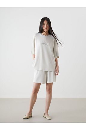 تیشرت بژ زنانه اورسایز LC Waikiki - کد 892034780