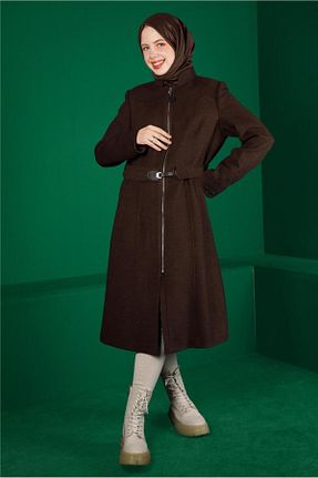 پالتو پشمی حجاب قهوه ای زنانه رگولار Alvina - کد 794075308