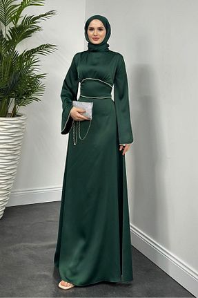 لباس مجلسی حجاب سبز زنانه یقه ایستاده MERVEN AKYÜZ - کد 893371123