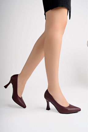 کفش پاشنه بلند کلاسیک زرشکی زنانه چرم خالص Deripabuc - کد 889122482