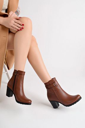 بوت / نیم بوت قهوه ای زنانه چرم خالص Deripabuc - کد 457510