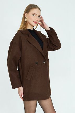 پالتو پشمی قهوه ای زنانه اورسایز SevdeUgur - کد 892514038