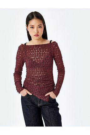 تیشرت زرشکی زنانه یقه قایقی Koton - کد 892352403