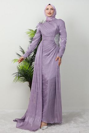 لباس مجلسی حجاب بنفش زنانه یقه ایستاده GİZ AGİYİM - کد 892854251