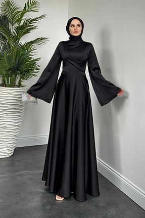 لباس مجلسی حجاب مشکی زنانه یقه ایستاده MERVEN AKYÜZ - کد 893022560