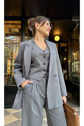 کت و شلوار طوسی زنانه یقه کتی npopicom - کد 893419183