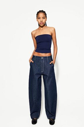 تیشرت سرمه ای زنانه یقه دگاژه Bershka - کد 892462008