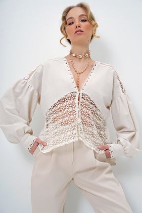 بلوز بژ زنانه ساده Trend Alaçatı Stili - کد 891517716