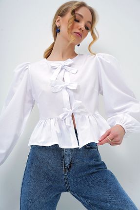 بلوز سفید زنانه ساده Trend Alaçatı Stili - کد 891517556
