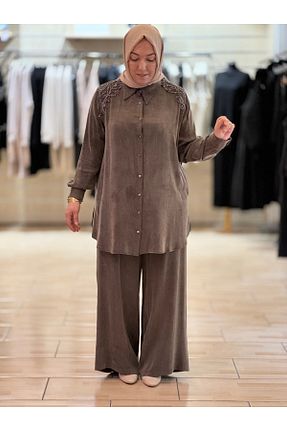 ست بالاتنه و پائین تنه حجاب قهوه ای زنانه رگولار Nurcan Çetin - کد 890735635