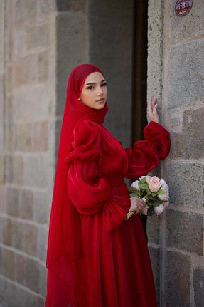 لباس مجلسی حجاب قرمز زنانه یقه ایستاده BAHARYAMAÇLI - کد 892614496