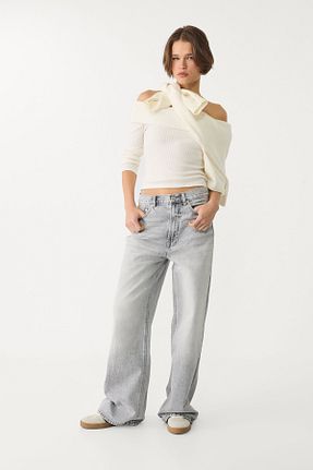 شلوار جین طوسی زنانه پاچه گشاد Stradivarius - کد 891719095
