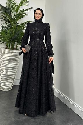 لباس مجلسی حجاب مشکی زنانه یقه ایستاده MERVEN AKYÜZ - کد 893020497