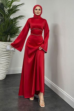 لباس مجلسی حجاب قرمز زنانه یقه ایستاده MERVEN AKYÜZ - کد 893370674