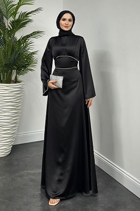 لباس مجلسی حجاب مشکی زنانه یقه ایستاده MERVEN AKYÜZ - کد 893371122