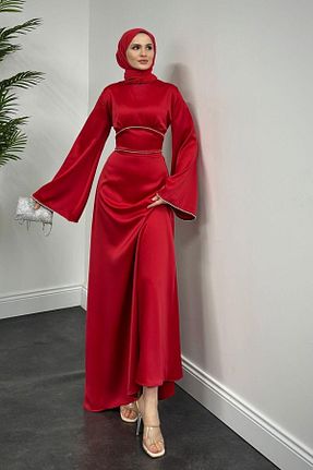 لباس مجلسی حجاب قرمز زنانه یقه ایستاده MERVEN AKYÜZ - کد 893370674