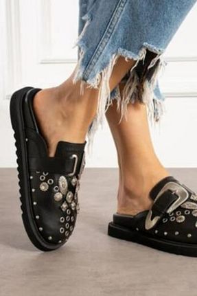 دمپائی مشکی زنانه چرم خالص BappaSlipper - کد 891576254