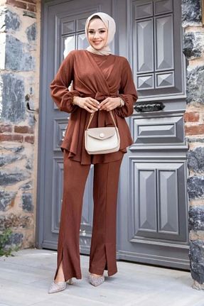 ست بالاتنه و پائین تنه حجاب قهوه ای زنانه رگولار Swana - کد 640384510