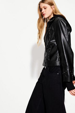 کاپشن مشکی زنانه چرم مصنوعی Bershka - کد 893879146