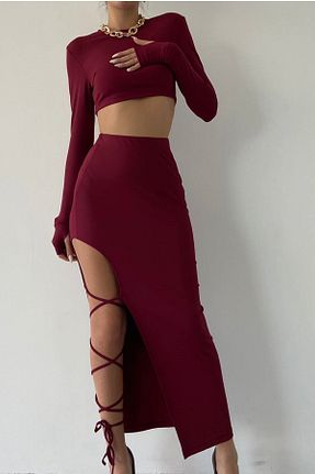 ست بالاتنه و پائین تنه زرشکی زنانه بافتنی bayansepeti - کد 892683271