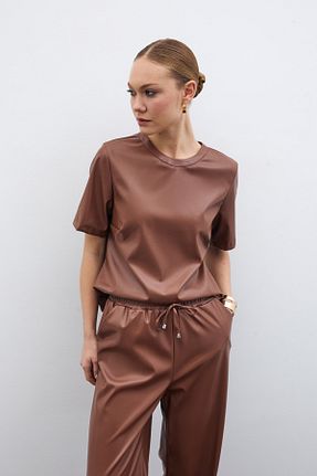 بلوز قهوه ای زنانه ساده Sateen - کد 893790050