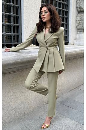 کت و شلوار خاکی زنانه یقه کتی pembekurdelem - کد 895692994
