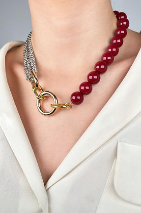 گردنبند جواهر زرشکی زنانه برنجی Sose Moda - کد 894195518