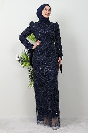 لباس مجلسی حجاب سرمه ای زنانه یقه ایستاده GİZ AGİYİM - کد 894434255