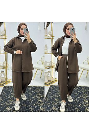 ست بالاتنه و پائین تنه حجاب قهوه ای زنانه اورسایز Tarzı - کد 894685558